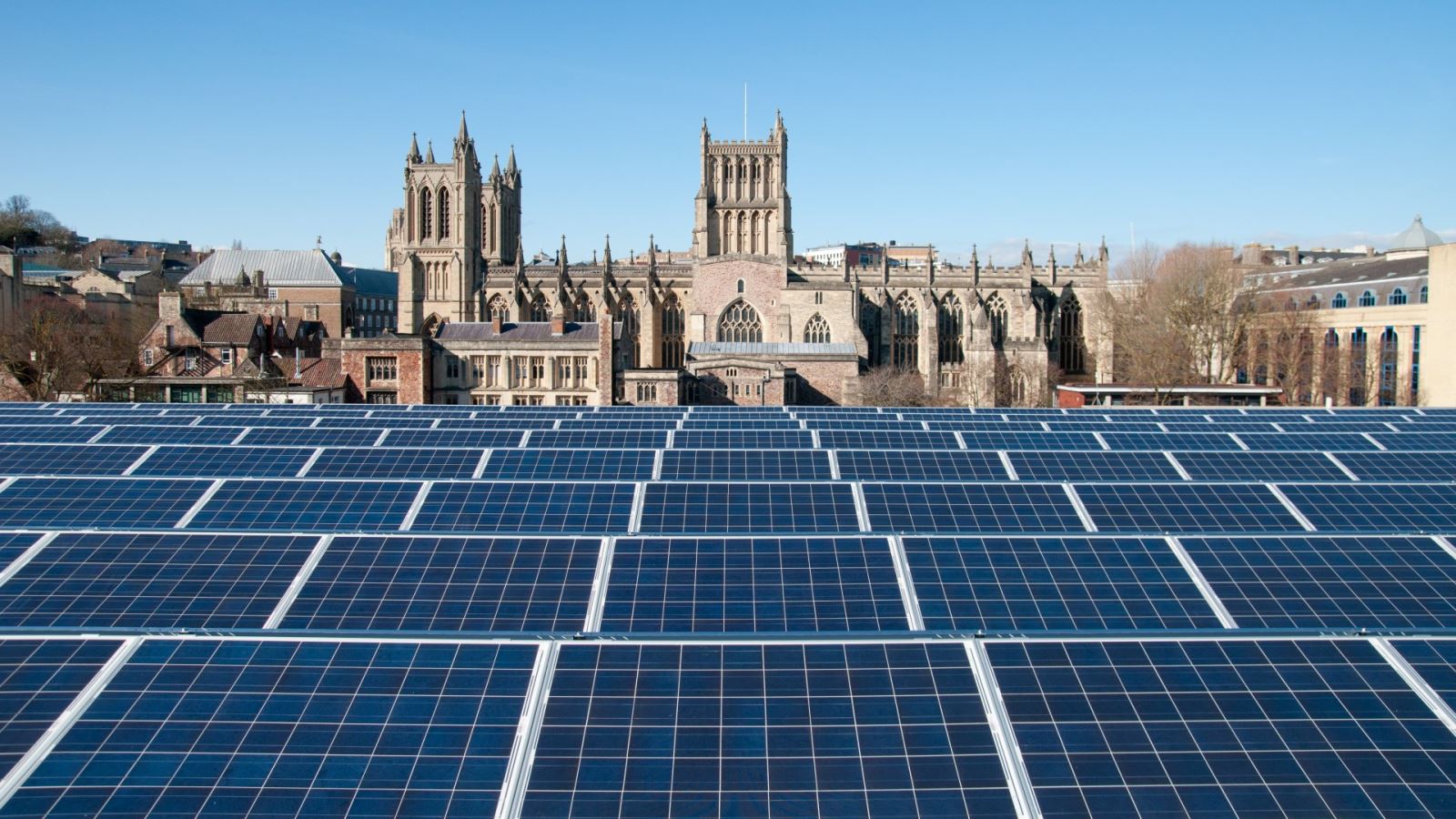 Solar panels on the We The Curious roof with view of the Cathedral